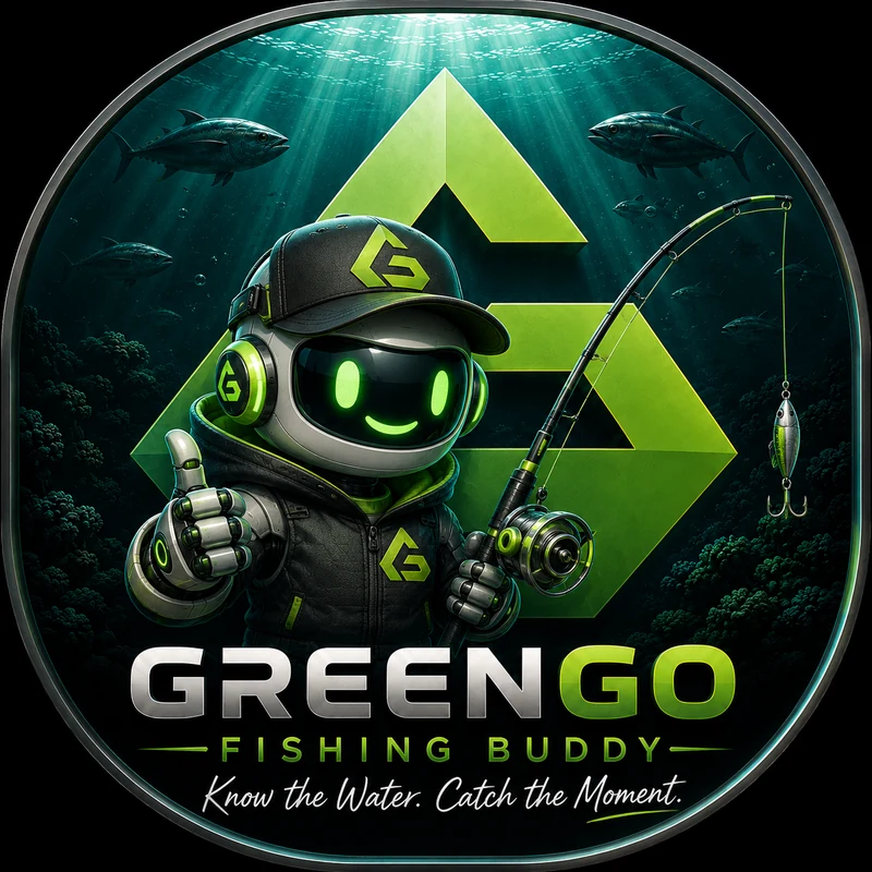 GreenGo Fishing Buddy robot holding a fishing rod and giving a thumbs-up